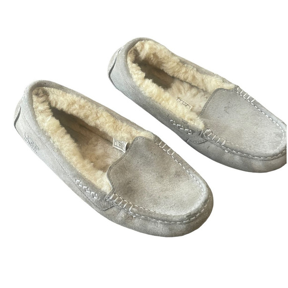 UGG Ansley Suede/Shearling Gray/Cream Moccasin Slippers - Picture 2 of 15